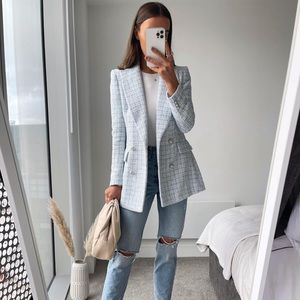 Zara Light Blue Tweed Blazer